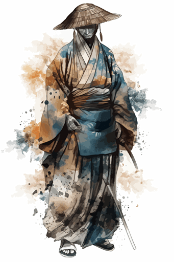 watercolor vector art, Samurai, inspired by Japanese color palettes, white background, depth, detailed