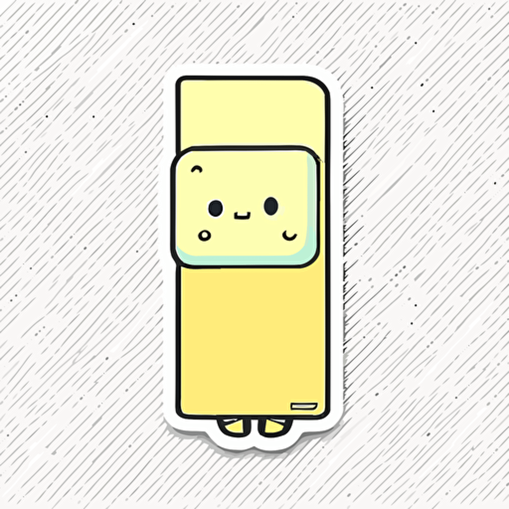 vector sticker design, long rectangle border, simple kawaii cute design, a small cute robot head in lower right hand corner of sticker, pastel yellow toning