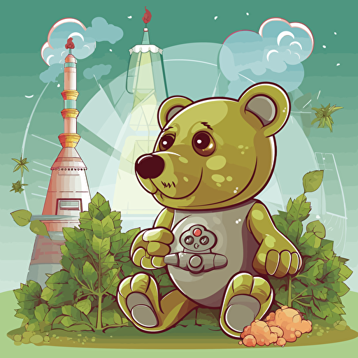 futuristic teddy bear smoking marijuana that is wrapped in a hemp leaf with a edible factory in the background, marijuana plants in the background, candy machines, vector art,