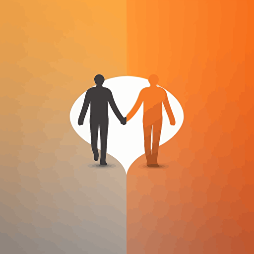 a simple logo of two hand holded humans going through one way, gradient, flat, vector, colours in grey and orange