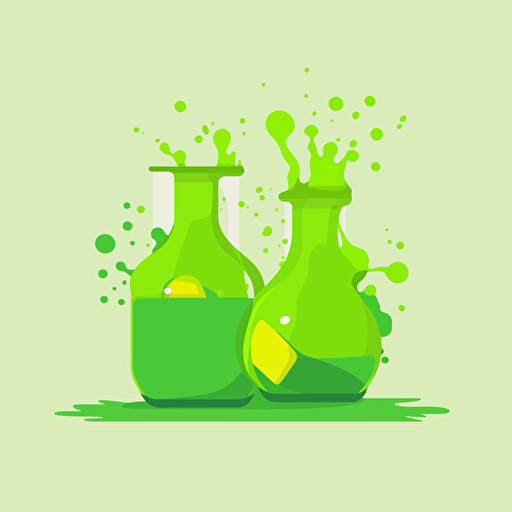 flat vector broken beakers, spilling bright green liquid logo