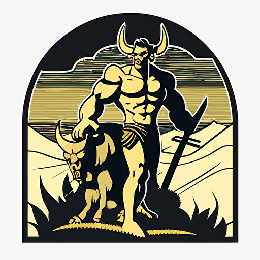 minotaur with a dairy cow in a field, vector logo, vector art, emblem, simple cartoon, 2d, no text