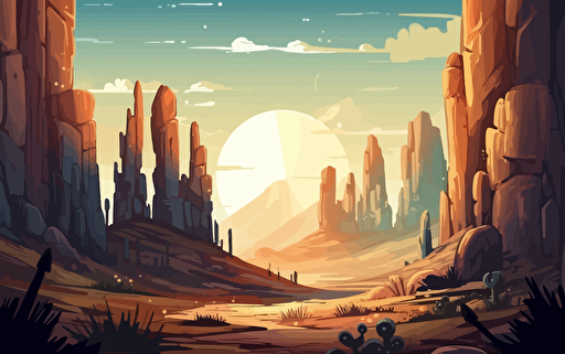 Edge of a desert cave, filled partially with rocks and cacti, looking out into a vast landscape of tall pillars of sandstone and plentiful cacti, mountain peaks in background, morning sun shining through the clouds with blue sky during early morning, high quality cartoon style warm lighting vibrant dramatic lighting vector illustration