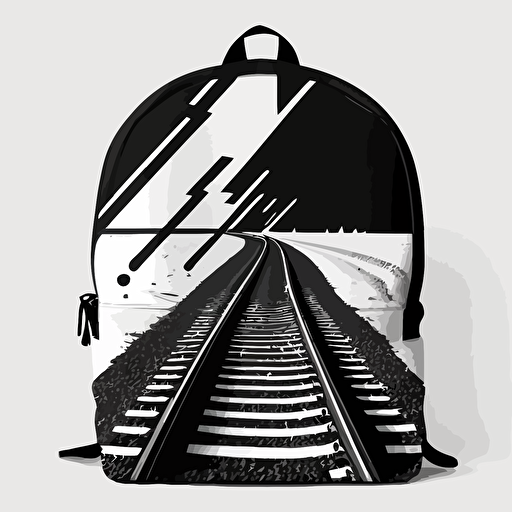 brand, black and white, backpack, train tracks, abstract, flat vector art, flat colors