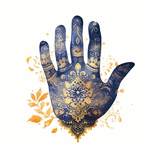 fatma's hand navy watercolor drawing with gold and navy pattern inside vector, white background