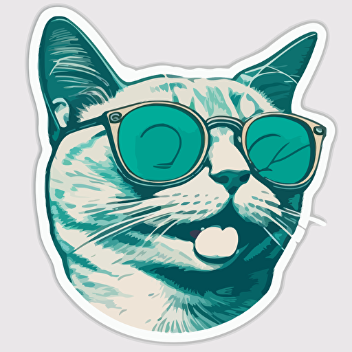 sticker vector art with a white transparent background, 60s style colourway of a cat smiling with glasses on