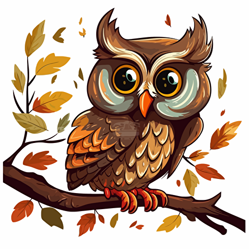 A delightful cartoon owl on a branch, showcasing a wide-eyed and curious owl perched on a branch with leaves, Artwork, vector illustration,