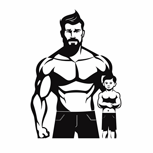 a simple vector logo of a dad with a dad bod posing as a bodybuilder but out of shape, black only on white background c 100