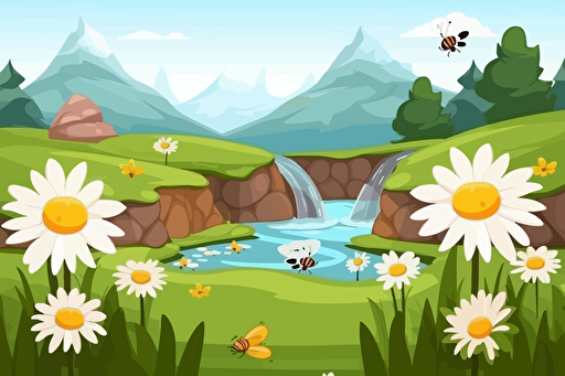 vector illustration of bees and daisies in front of a stream with mountains in the background