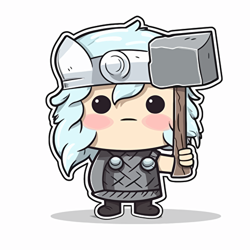 cute thor with mjölnir, Sticker, Lovely, Soft Color, Rough Charcoal, Contour, Vector, White Background, Detailed