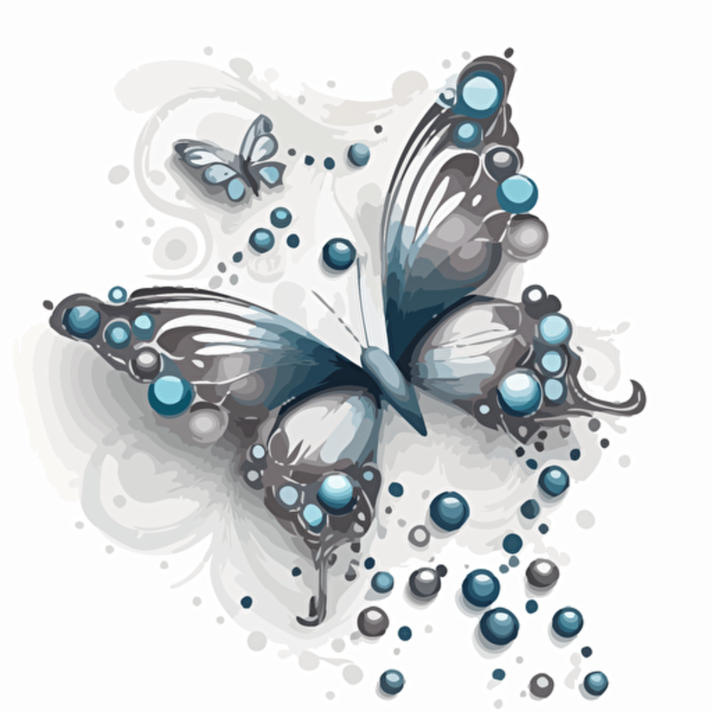 artistic butterfly and beads, simple, artistic, vector, white background, grey, light blue, blue, silver