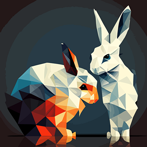 a true friendship: white rabbit and a black and white racconn, vector, low polygon, symmetric, colorful, florest in the background