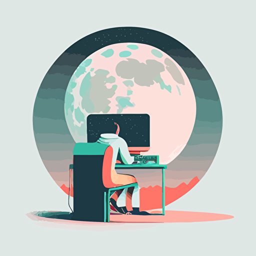 a person sitting at a desk typing on a computer on the moon in a minimalistic vector illustration with pastel colors