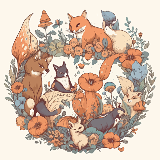 a beautiful group of fairycore woodland animals with a surrounding floral design in detailed drawing style + simple vector + bright colors on a white background