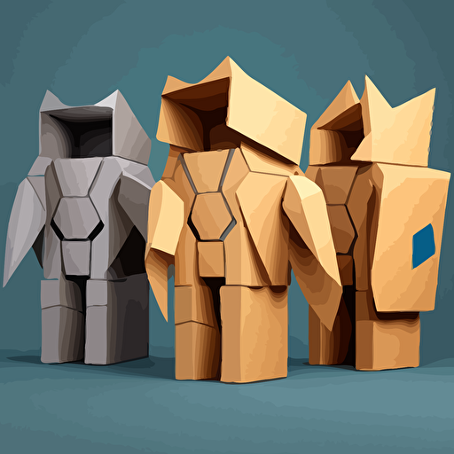 Carnival Mas costumes are packed in open boxes made with a vector based minimalist cartoon style on a flat grey background in a front facing angle