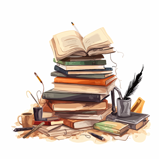 vector image with white background of a desk piled with books and quills