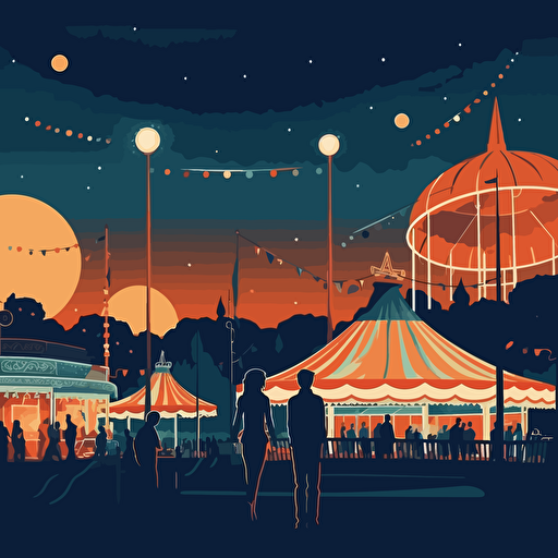 cute simple vector illustration of a fairgrounds at night with a couple of people