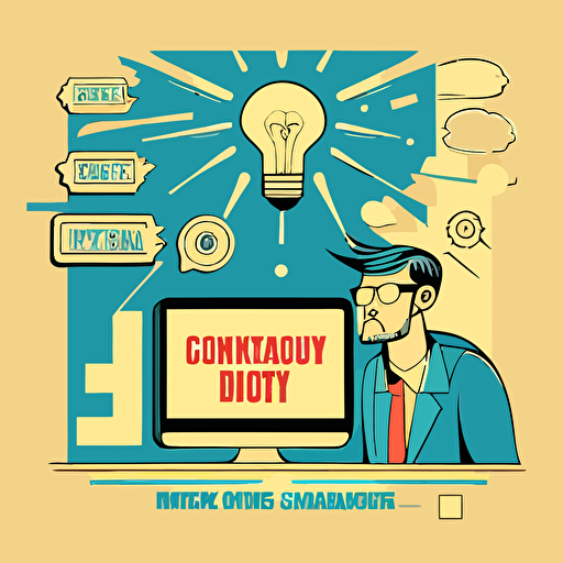 Demonstration of online advertising, flat style illustration for business ideas, flat design vector, industrial, light and magical, high resolution, engineering/ construction and design, colored cartoon style, light indigo and light gold, cad( computer aided design)