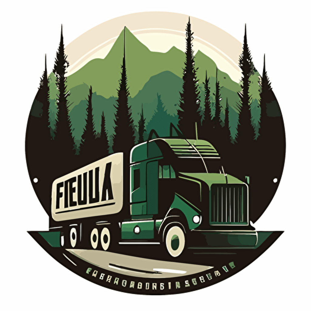 a logo of a fuel delivery truck driving on a highway with forest on either side, symmetrical, vector art