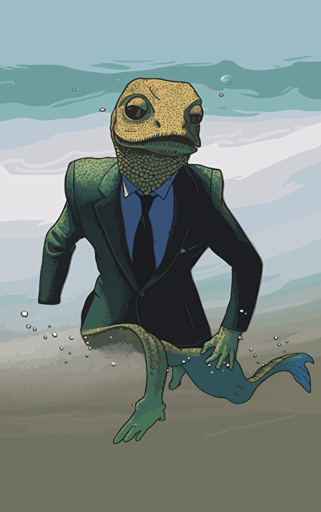 flat vector illustration by frank quitely of a humanoid anthropomorphic gecko wearing a suit in the sea breaking the surface coming up to breathe