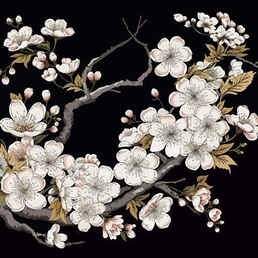 vector art, black backround, white japanese sakura flowers