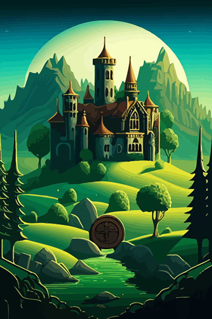 a castle nestled in a lush, green valley surrounded by giant crypto coins. The colors bright and vibrant, a sense of beauty and adventure, vector illustration