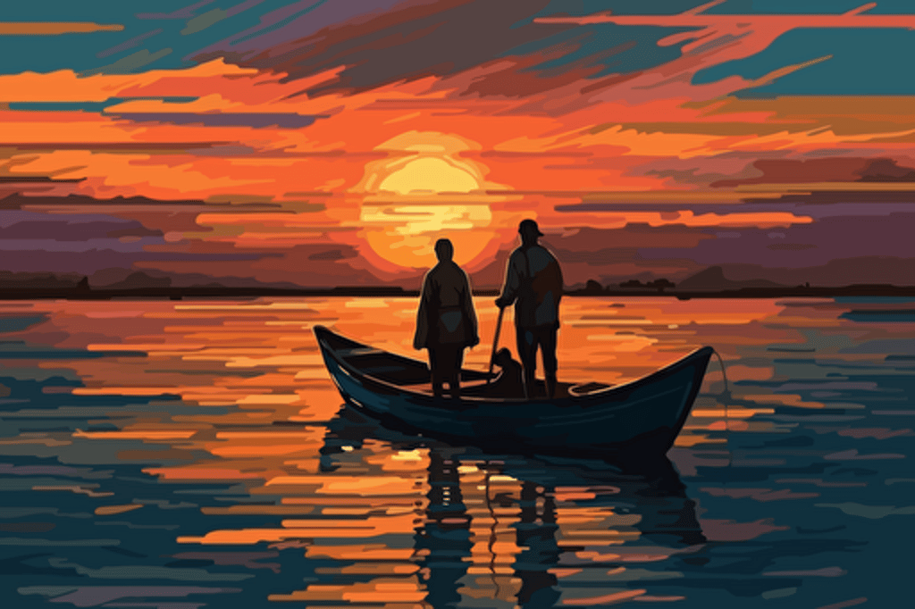 a painting of in Japanese style at sunset, a digital painting, inspired by RHADS, shutterstock contest winner, colorful vector illustration, low polygons illustration, kilian eng and thomas kinkade, retro illustration