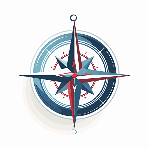 Design of professional logo featuring a compass clipart a white background. Include curves as an additional design element. vector style. Stainless steel. Blue white and red