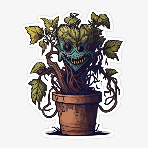 monster plant pot, Sticker, scary, Earthy, Graffiti, Contour, Vector, White Background, Detailed, vines