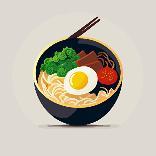 logo, combination mark, a bowl of ramen with meat and vegetables, vector, simple, flat, low detail, minimal, white background