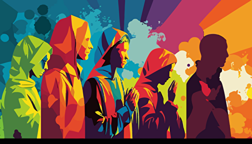 vector art, richly colored ranimated people, group, praying together, sunny background