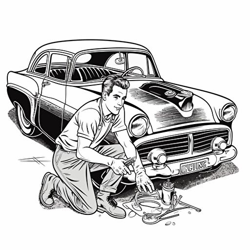 a guy working in his garage on restoring a classic car, black and white design, vector isolated on white