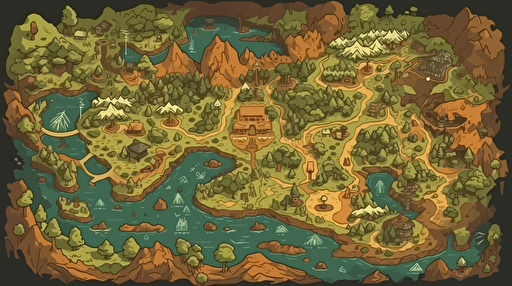 a top-down map of a foreign jungle planet with multiple unexplored landmarks, flat vector