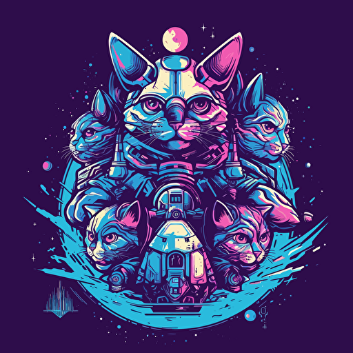 logo design of a group of historical based anthromoporphic cats dressed in sci-fi battle gear with spaceships and planets behind them, 2d, purple and blue colors, vector