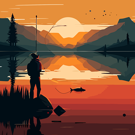 vector, fisherman reeling a fish, lake, morning ar9:11