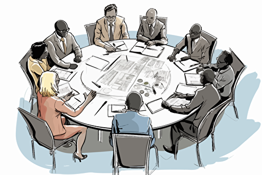 a vector illustration of a diverse business person writing or drawing at a round table. White background