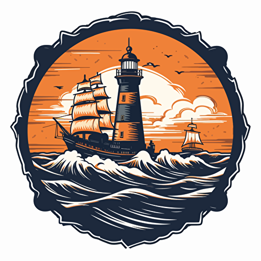 vector logo 16:9 format , columbian style, a ship and a lighthouse
