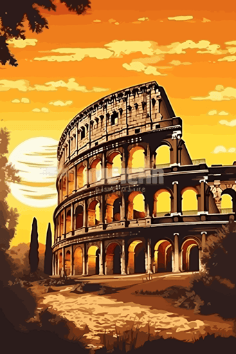 colosseum, illustration, painting, bright lighting, sun in sky, front view, flat,vector