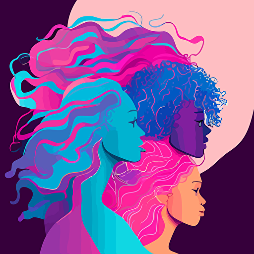 poster art, group of multi-racial women with waves and curls of purple, pink, and turquoise as hair, global conference in the fall, september 2023 vector style