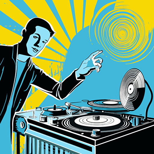 an abstract, comic-style vector event flyer image of an electronic dj playing vinyl records in a small club