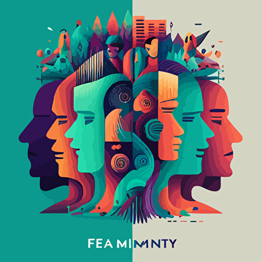 iconic image of people living in harmony, vector, 2d, flat, symbolic, energy, emotive, “People First”