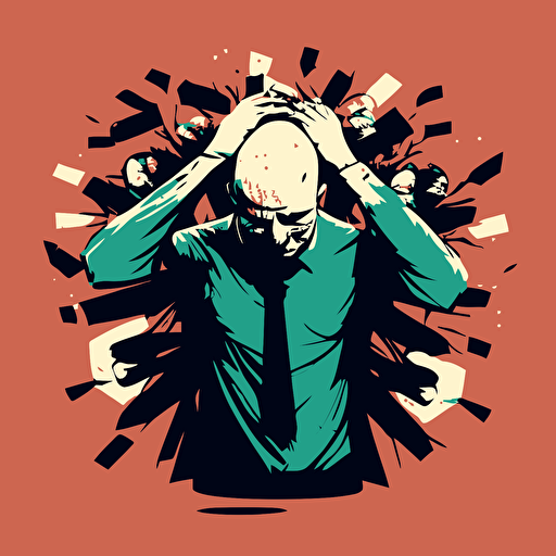 vector image, grundge, bald person with lots of hands covering his face from muliple directions