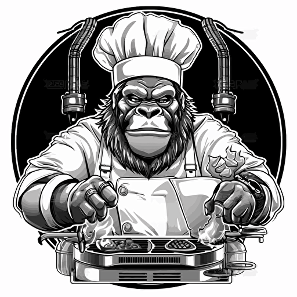 gorilla with a baseball cap and gold chain , cooking burgers on a chargrill wearing a keeper ring , in black and white vector style , twitch emote