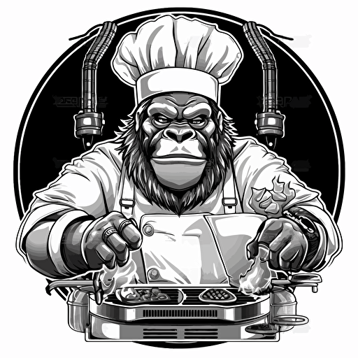 gorilla with a baseball cap and gold chain , cooking burgers on a chargrill wearing a keeper ring , in black and white vector style , twitch emote
