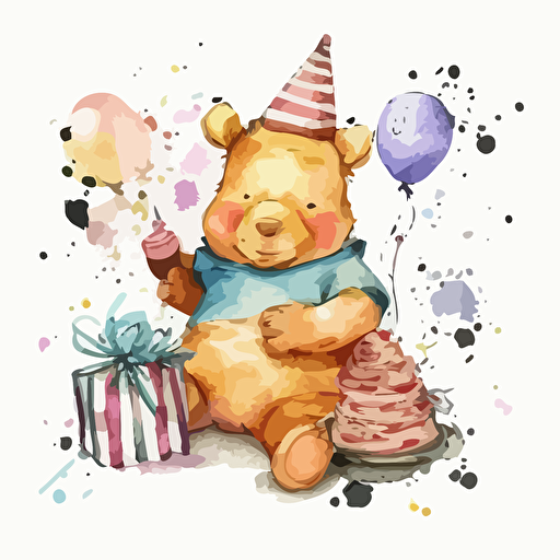 watercolor very happy cheerful Winnie the Pooh with gift packages. Set in a delightful birthday party scene, with decorations, balloons, and a festive atmosphere all around. whole body, Vector drawing on a white background