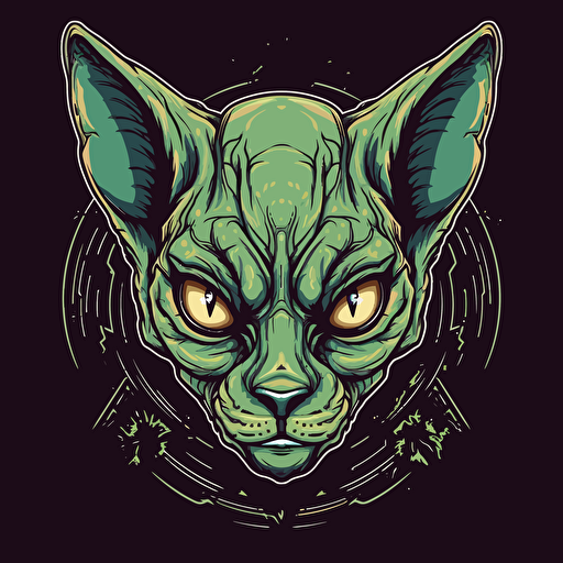 Logo, Menacing, Alien Warrior Cat, Sphynx, Green Eyes, Big Ears, Vector Style,