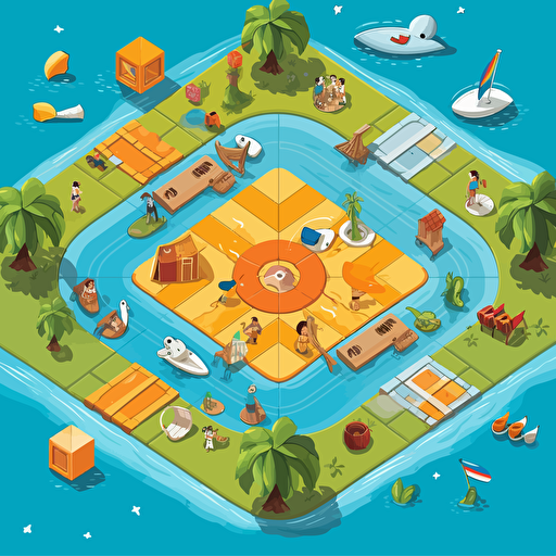 an extremely simple summer themed board game, cartoon, flat, 2D, vector art,
