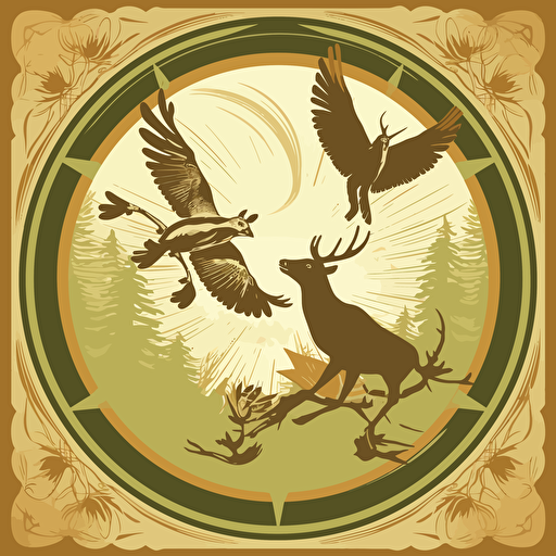 vector poster of hawks circling above a deer, green and tan colors