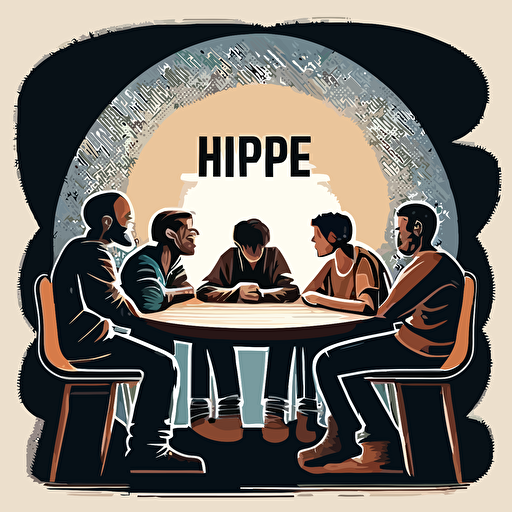 Five people sitting around the table discussing hope, Vector Logo::