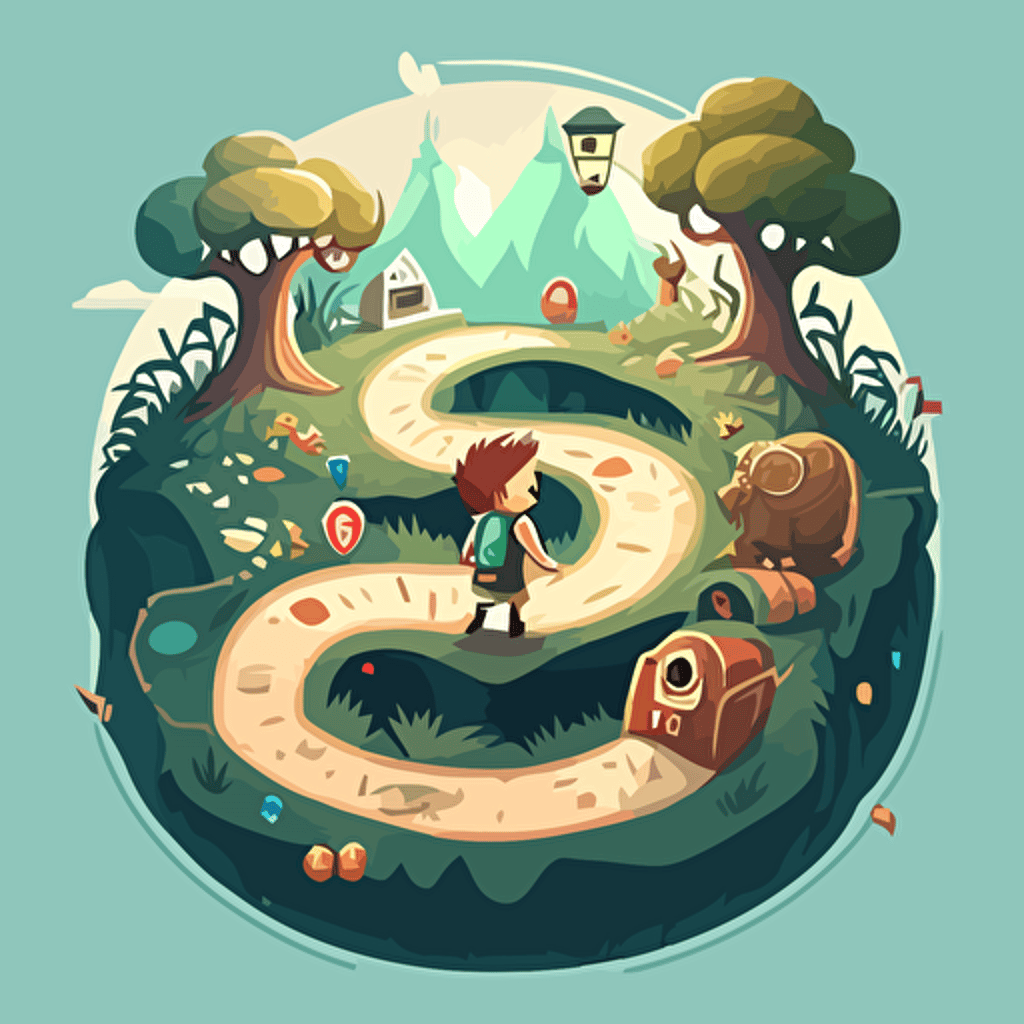 a seeker's journey. Cute, happy, vector, game design.